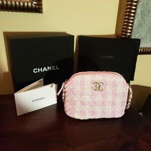 CHANEL VIP Gift Half Moon Tweed Mini Bag Pink/White with Gold Accents.